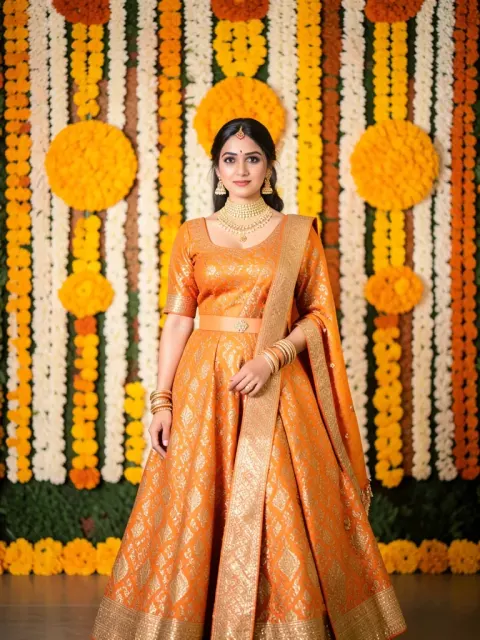 A Young Woman Stands Centered in a Traditional Indian Lehenga of Vibrant Orange