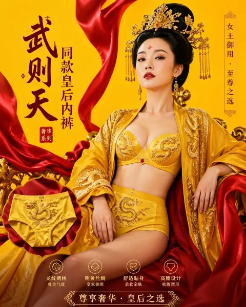 A big movie of the Queen's lingerie ads, embroidery of the yellow and the bright red silk liner. Tot.