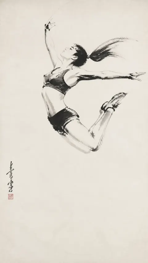 Traditional Chinese ink painting, writing style, a beautiful sportsman who's jumping in the air, a very simpli