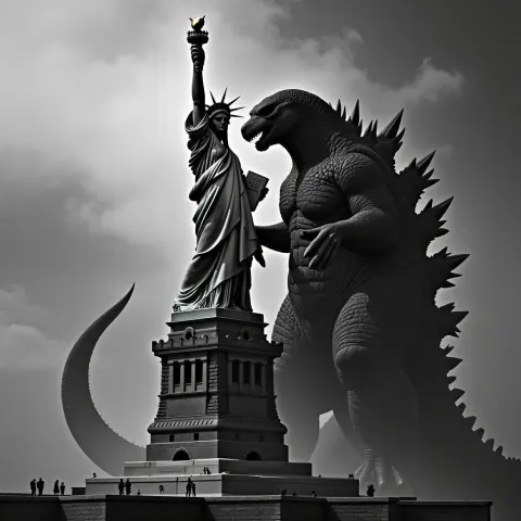 Godzilla Versus Lady Liberty in Stark Monochrome