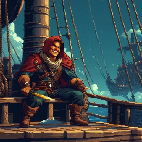 Grinning Pixel Rogue on a Ship Deck