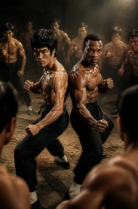 In the center of the picture, Bruce Lee stood against his back with a 30-year-old, sturdy muscle man.