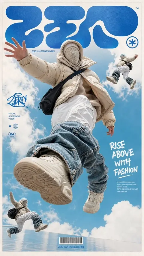A high-end, high-tide street costume poster, featuring a faceless future model floating in the sky, wearing su