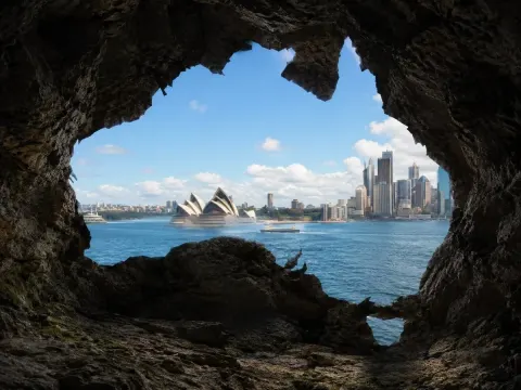 Photorealistic Image Viewed from Inside a Natural Rocky Cave Looking Outward