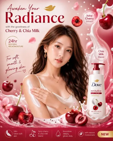 Premium Beauty Skincare Advertisement Poster for a Cherry-Infused Body Lotion