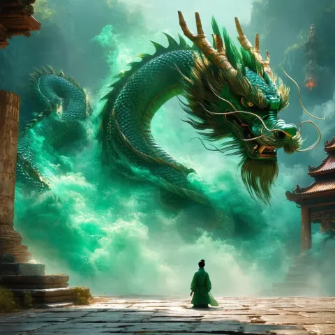 Golden Green Dragon Coiled Around Ancient Temples