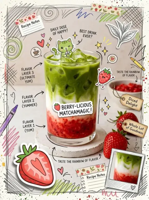 Cute Scrapbook-Style Food Photography Poster, Aesthetic Matcha Latte Drink Flatlay
