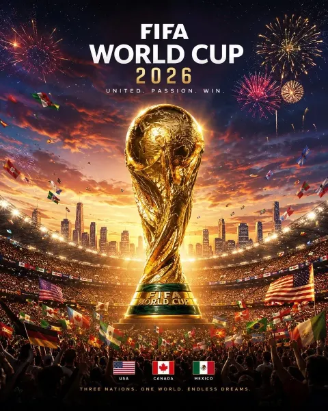 FIFA World Cup 2026 Official-Style Cinematic Poster, Giant Golden World Cup Trophy