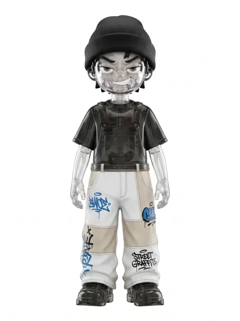 Art-blind box toys, panorama, Gen Z trendy boy image, naughty, confident smile.