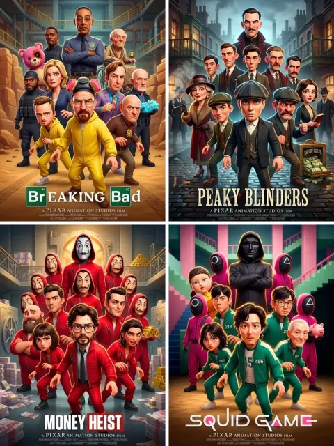 Pixar 3D CGI Animated Movie Poster Style, Ensemble Cast Featuring the Most Iconic