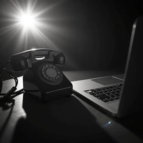 Vintage Phone Meets Laptop in Grainy Monochrome