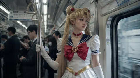 A young woman in a classic sailor-style animated role costume with a whole look from Sa's "The Girl Warrior."