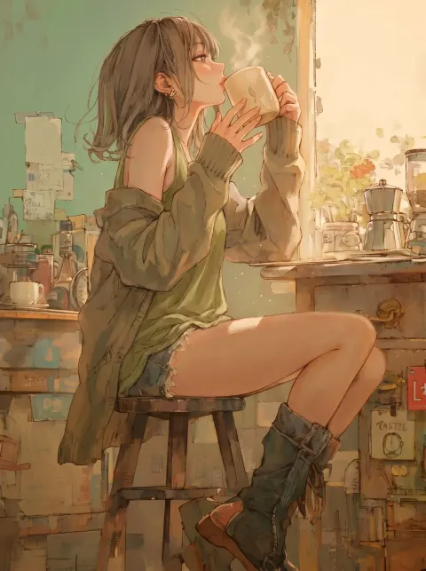 Scene and Action: a Young Woman with a Short, Neat Haircut Sits on a Rustic Wooden