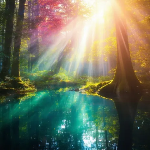 Light Beam Piercing a Mystical Forest Pond