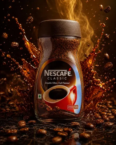 Ultra Premium Nescafé Coffee Jar Standing on a Polished Black Marble Platform