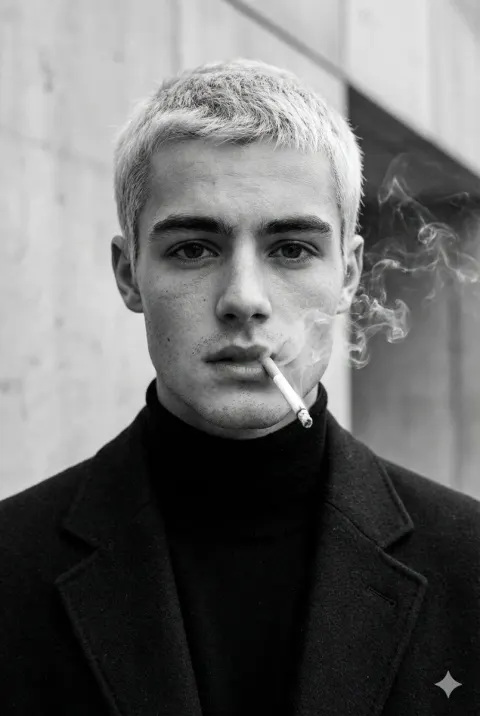 Ultra-Realistic Fashion Black and White Portrait of a Man with Short Light Hair