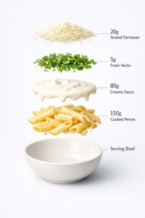 Ultra-Realistic Food Photography of a Prepared Creamy White Sauce Penne Pasta