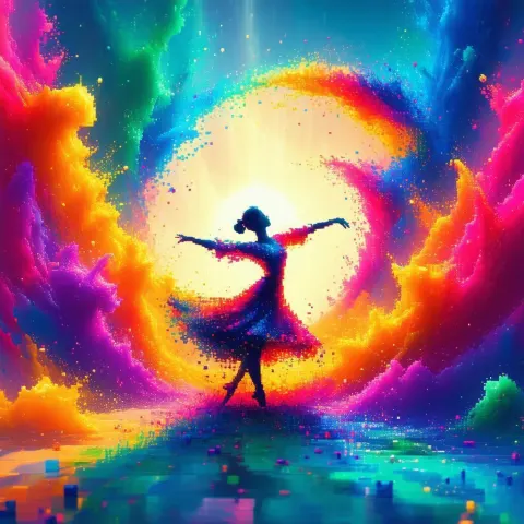 Dancer Silhouette Formed From Swirling Pixel Pigments