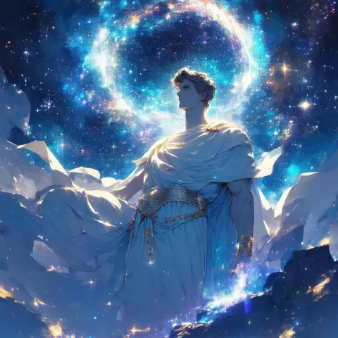Greek God Ascendant Among Galaxy and Stars