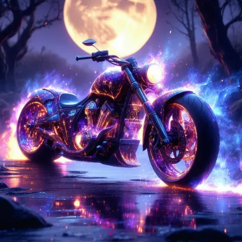 Rune Etched Motorcycle Trailing Stardust and Flame