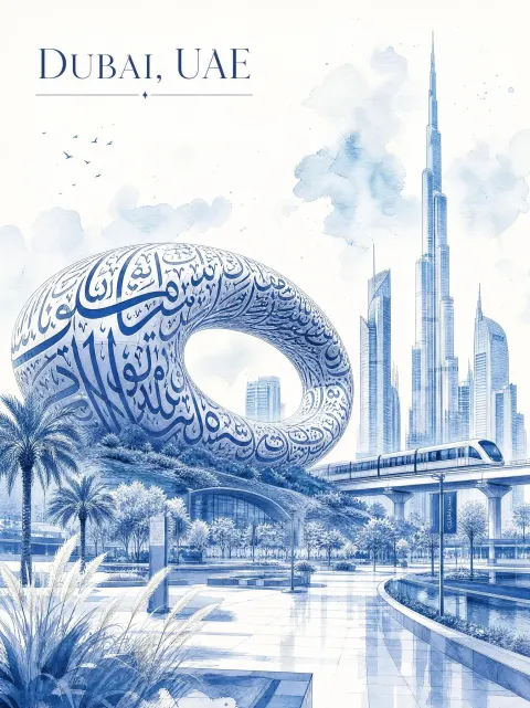 Dubai Museum Of The Future Watercolor Travel Poster