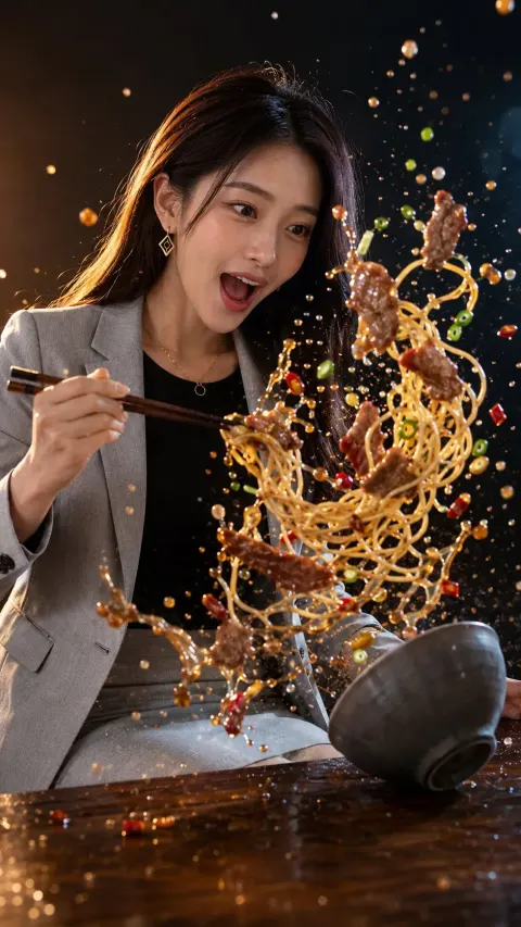Frozen Beef Noodle Splash Food Portrait