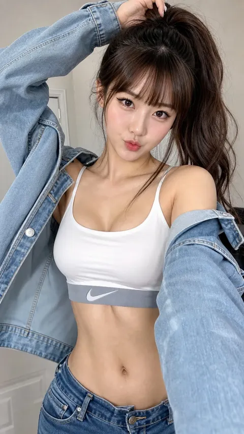 High Ponytail Denim Room Selfie Portrait