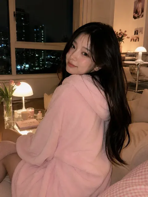 Korean Woman Cozy Night Couch Portrait