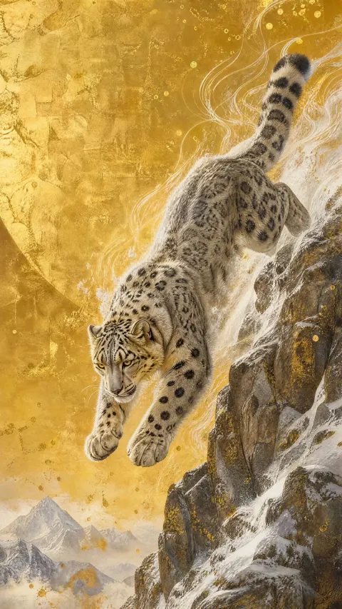 Majestic Snow Leopard Captured Dynamic Mid Air Leap Descending