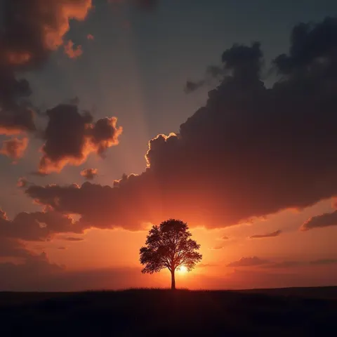 Dark Tree Silhouette Against Rendered Sunset Sky