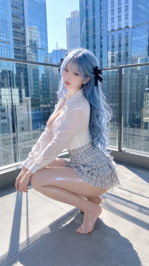 Urban Rooftop Blue Hair Fashion Portrait
