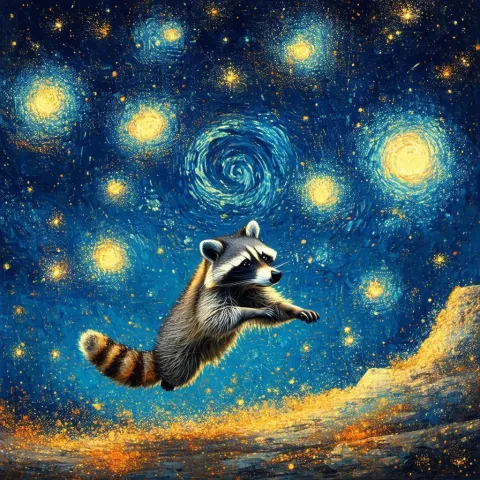 Dynamic Raccoon Leaping Through Starlit Explosions