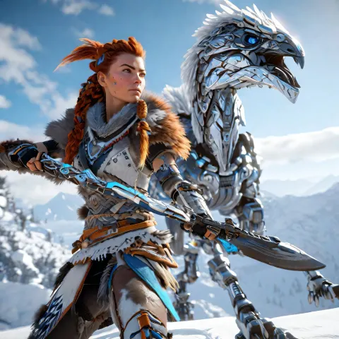 Aloy Robot Raptor Snow Mountains