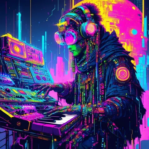 Neonpunk Druid Playing a Synth Instrument