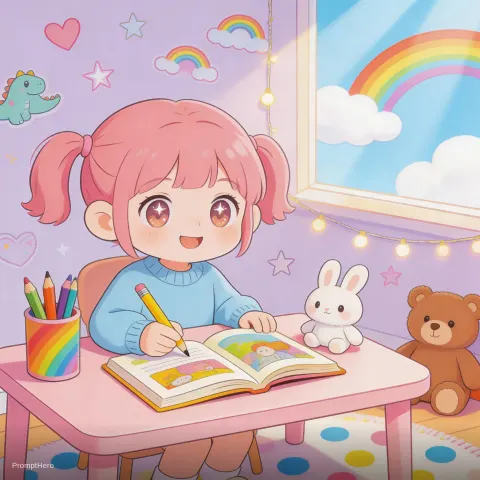Cartoon Girl Learning Playing