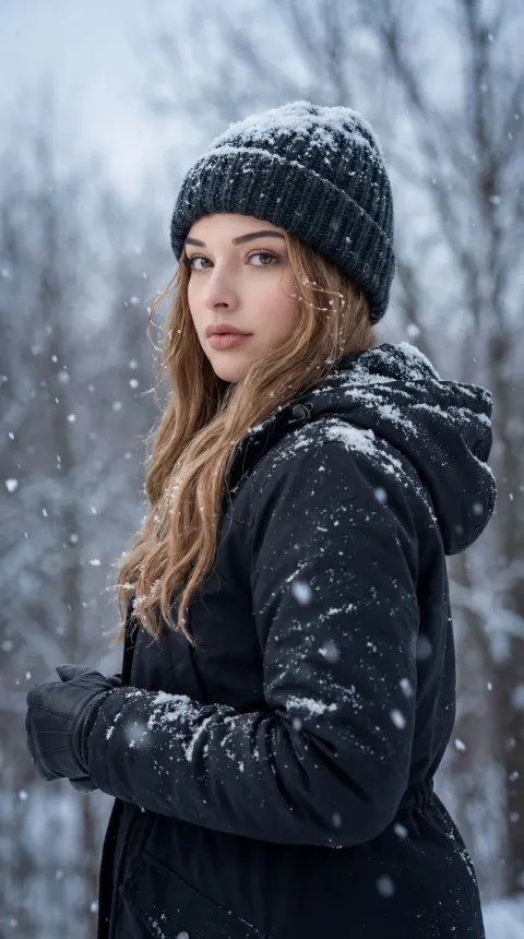 Woman In Snow Winter Forest Portrait