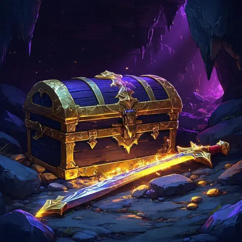 Glowing Treasure Chest With a Propped Broadsword
