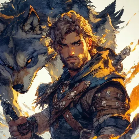 Gruff Anime Ranger With His Loyal Wolf