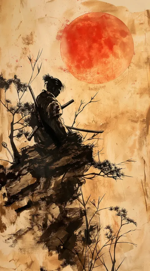 Samurai Ink Drawing Sunset