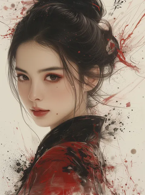 Woman Red Hair Chinese Painting