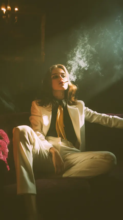 Woman Purple Sofa Smoke Portrait