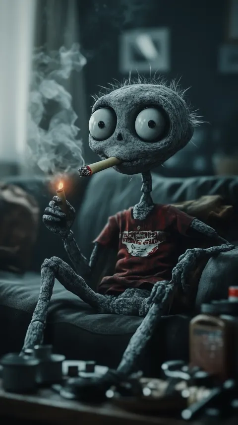 Skeletal Character Smoking Couch Gloomy