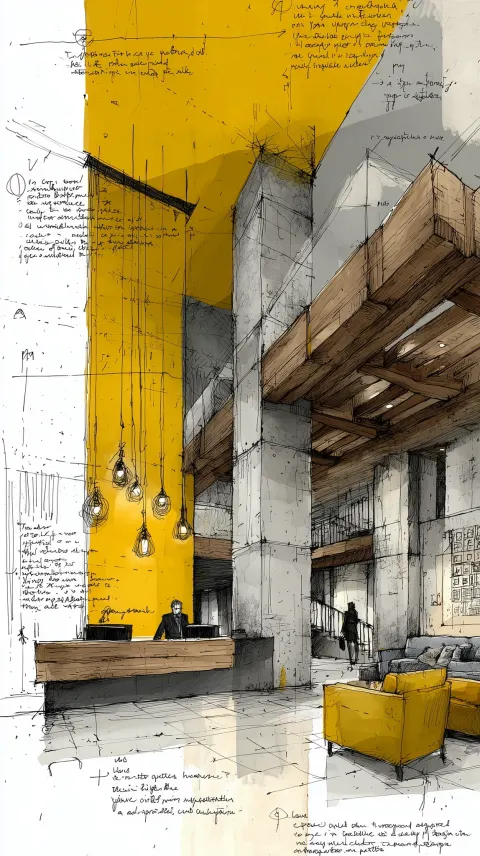 Brutalist Hotel Lobby Interior