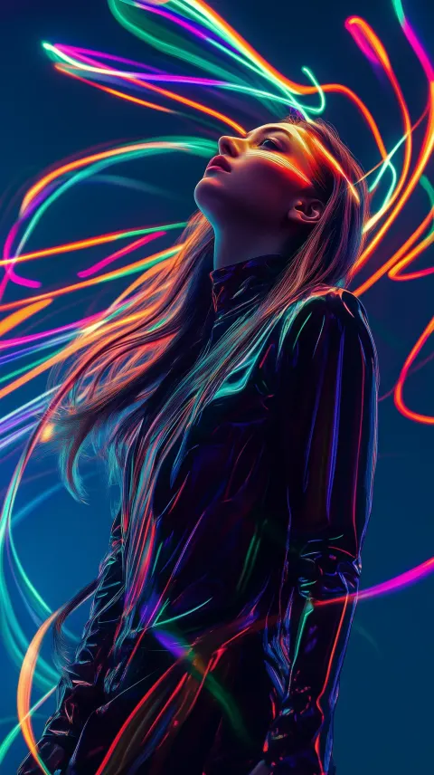 Young Woman Neon Swirling Futuristic