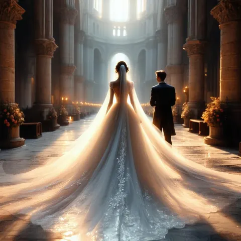 Enchanted Bride Gliding Through Mystic Cathedral