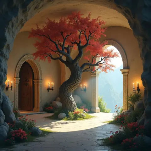 Secret Cave Commons With Blooming Central Tree