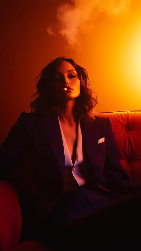 Woman Orange Couch Dimly Lit