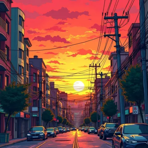 Bold Manga Sunset Over a Bustling City