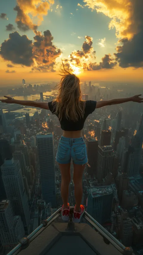 Woman Outstretched Skyscraper Edge
