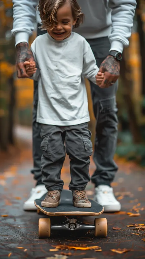 Boy Father Skateboard Together